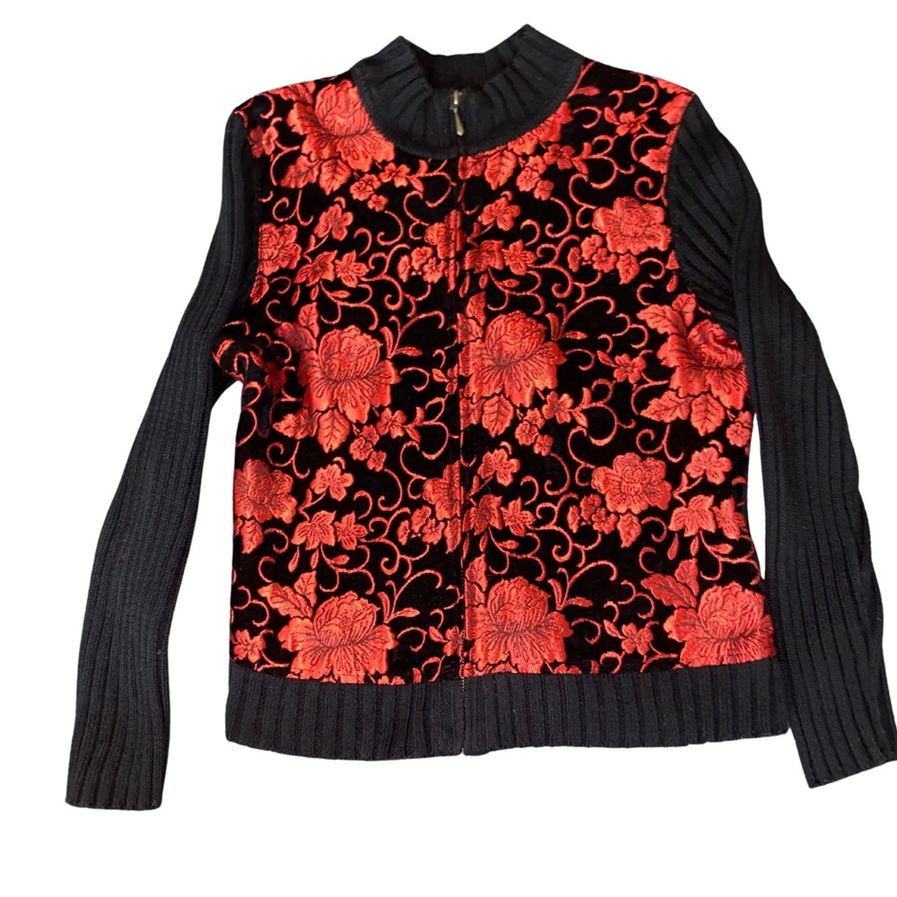 Christopher‎ & Banks Black Red Floral Zip Sweater Jacket Size L 2006